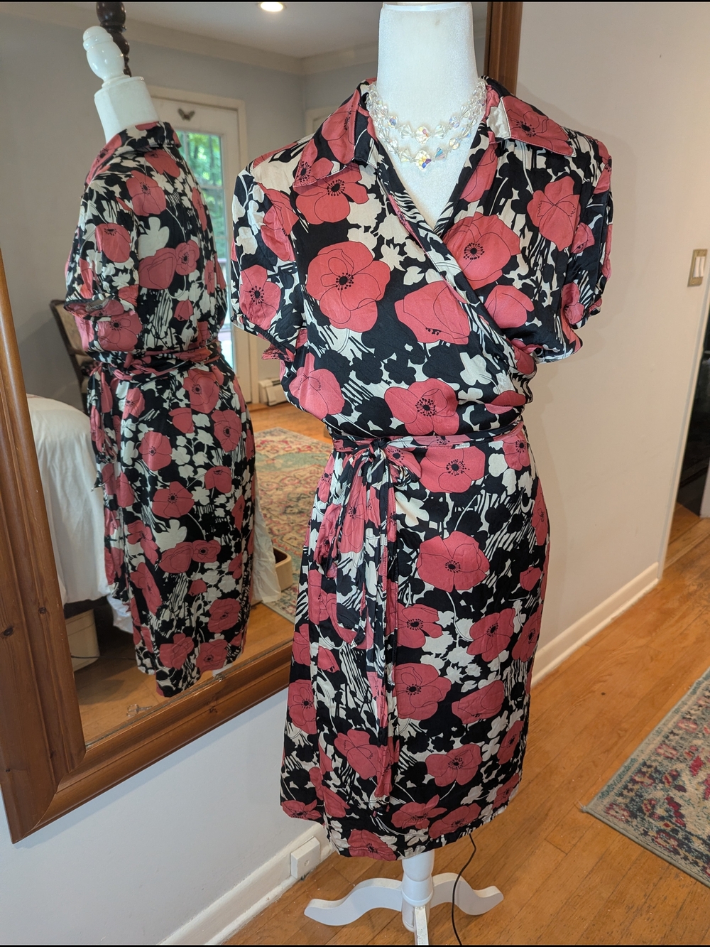 Sara Campbell Black & Coral Floral Poppy Wrap Midi Dress